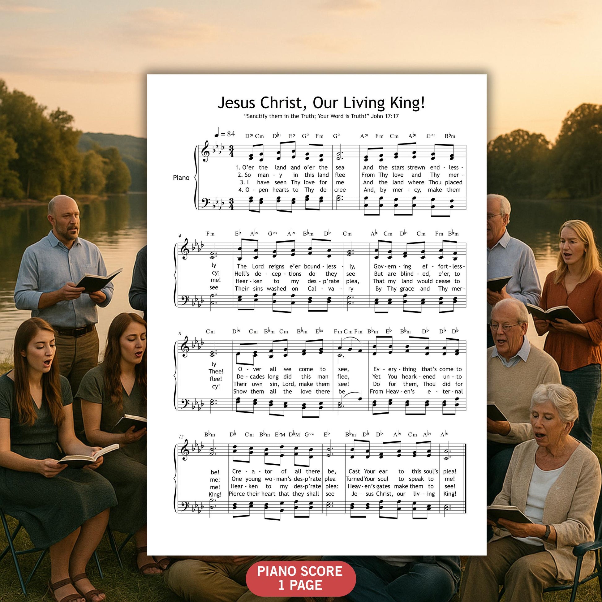 Printable SATB sheet music for Jesus Christ, Our Living King with lyrics and piano part. A perfect Easter hymn for church choirs and special services. Download includes clear 4-part harmony and worshipful tone. PDF format, instant access.