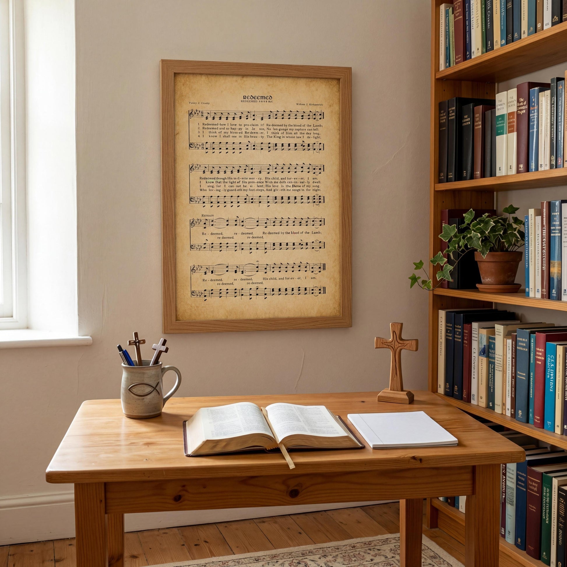 a wooden desk with an open book, a mug with pens and pencils, and a framed sheet music poster on the wall above it. The desk is situated in a room with a bookshelf filled with books and a potted plant.