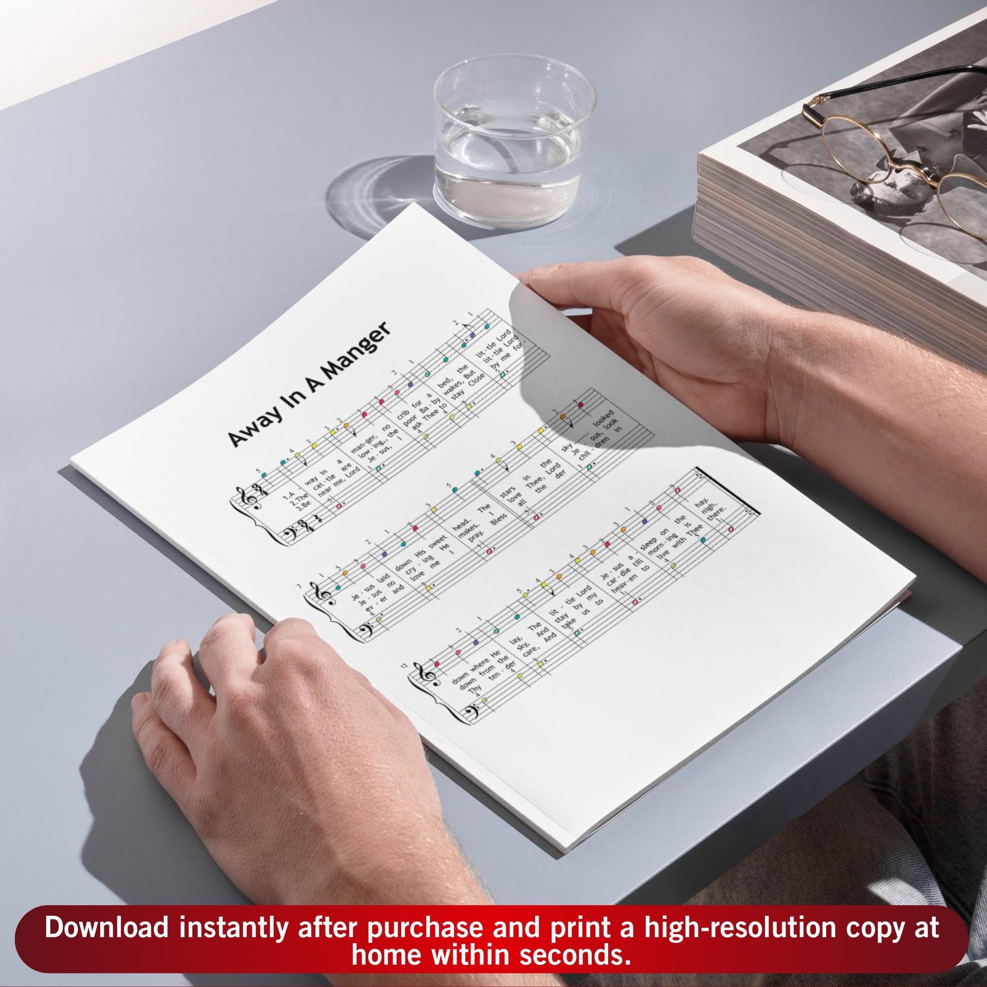 Away in a Manger by James R. Murray downloadable and simplified piano sheet music PDF created for festive classroom learning fits Christmas gifts 2025 eco-friendly printables, delivering clear lyrics, finger numbers, color-coded notation and note-name support ideal for structured holiday lessons.