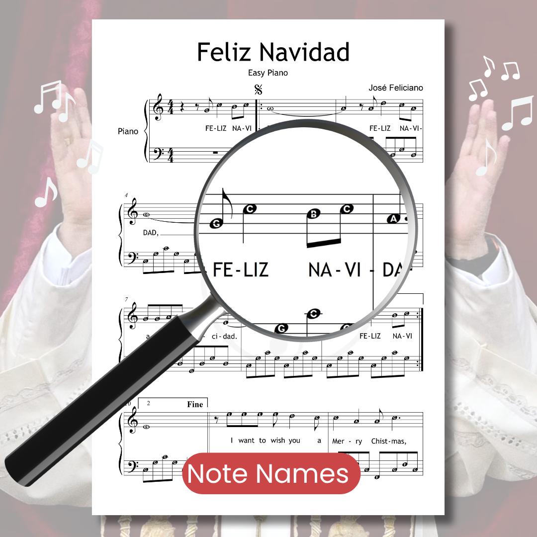 Downloadable and simplified piano sheet music PDF of Feliz Navidad, sing with the pope initiative, feliz navidad sheet for beginners, grade 2 3 piano sheet.