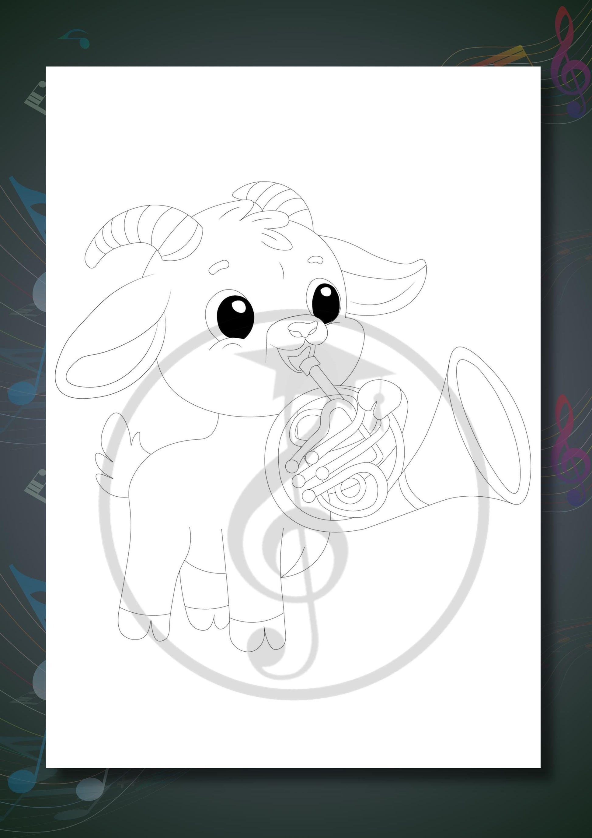 Animals Playing Instruments Coloring Book coloring page displaying an animal with a French horn, created to support early music education and quiet, focused classroom activities.