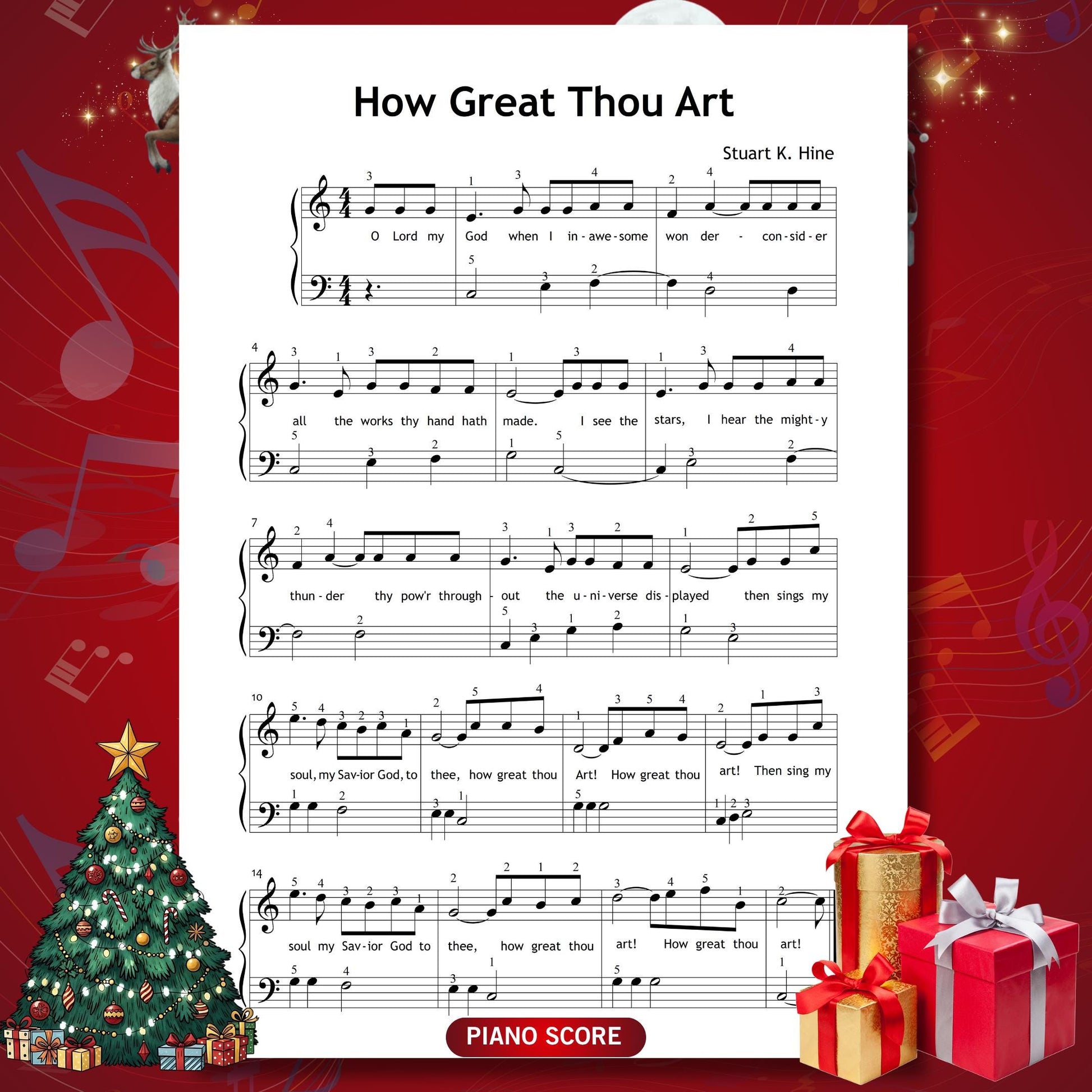 How Great Thou Art by Traditional beginner piano sheet music PDF features simplified notation with lyrics under the melody, allowing beginners to explore steady rhythm, phrasing and spiritual expression in their early piano studies.