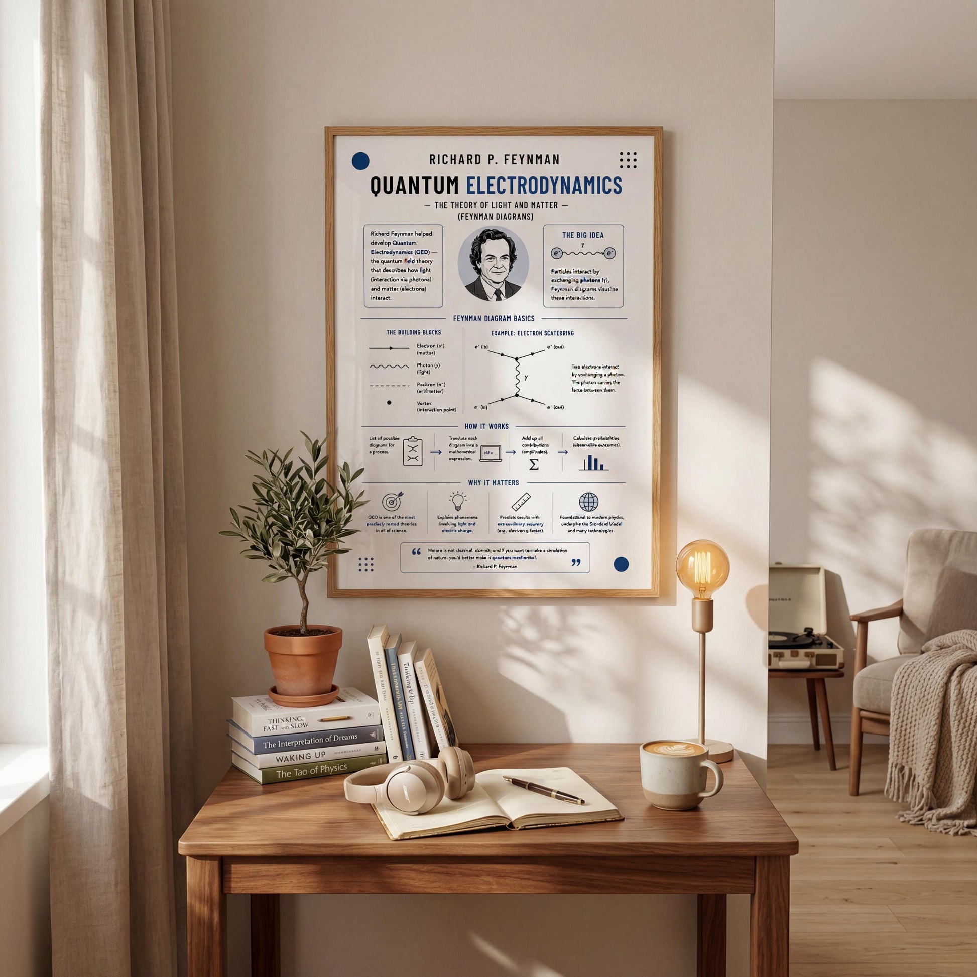 a poster of Richard P. Feynman's "Quantum Electrodynamics" on a wall, with a desk in the foreground displaying a plant, books, a mug, and a lamp.
