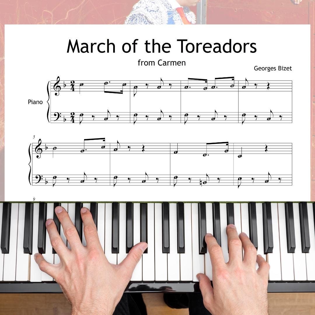 March of the Toreadors by Georges Bizet downloadable and simplified piano sheet music PDF presented as a Grade 3–4 arrangement featuring finger-number guidance, color-coded notation, note-name support, and manuscript-aligned editing, ideal for early-intermediate classical study.