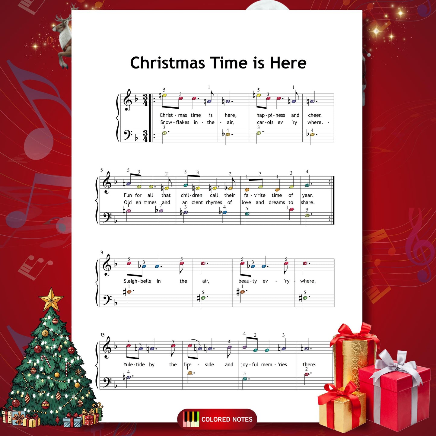 Christmas Time Is Here by Vince Guaraldi downloadable and simplified piano sheet music PDF designed for families searching for the best Christmas gifts under $5 includes lyrics, finger numbers, note names and color-coded notes in a beautiful, beginner-friendly layout ready for the holidays.