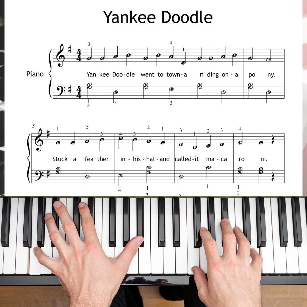 Yankee Doodle by American folk tradition downloadable and simplified piano sheet music PDF for Grade 1–2 students, arranged for beginners with finger numbers, note names, and color-coded notes, includes printable PDF, tablet JPG, MP3 reference audio, and MP4 color tutorial video, ideal for piano lessons, recitals, and classroom teaching.