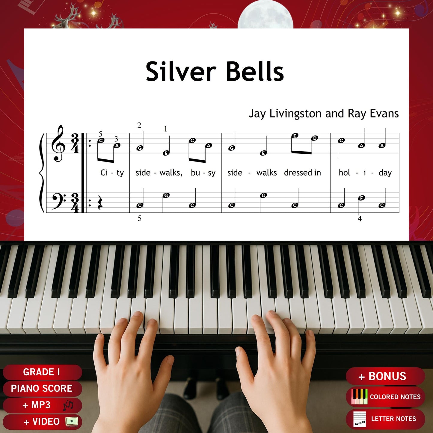 Silver Bells by Livingston & Evans downloadable and simplified piano sheet music PDF for Grade 1 beginners, featuring lyrics, color-coded notes, note names, finger numbers, and tablet-ready pages, ideal for Christmas lessons and festive home practice.