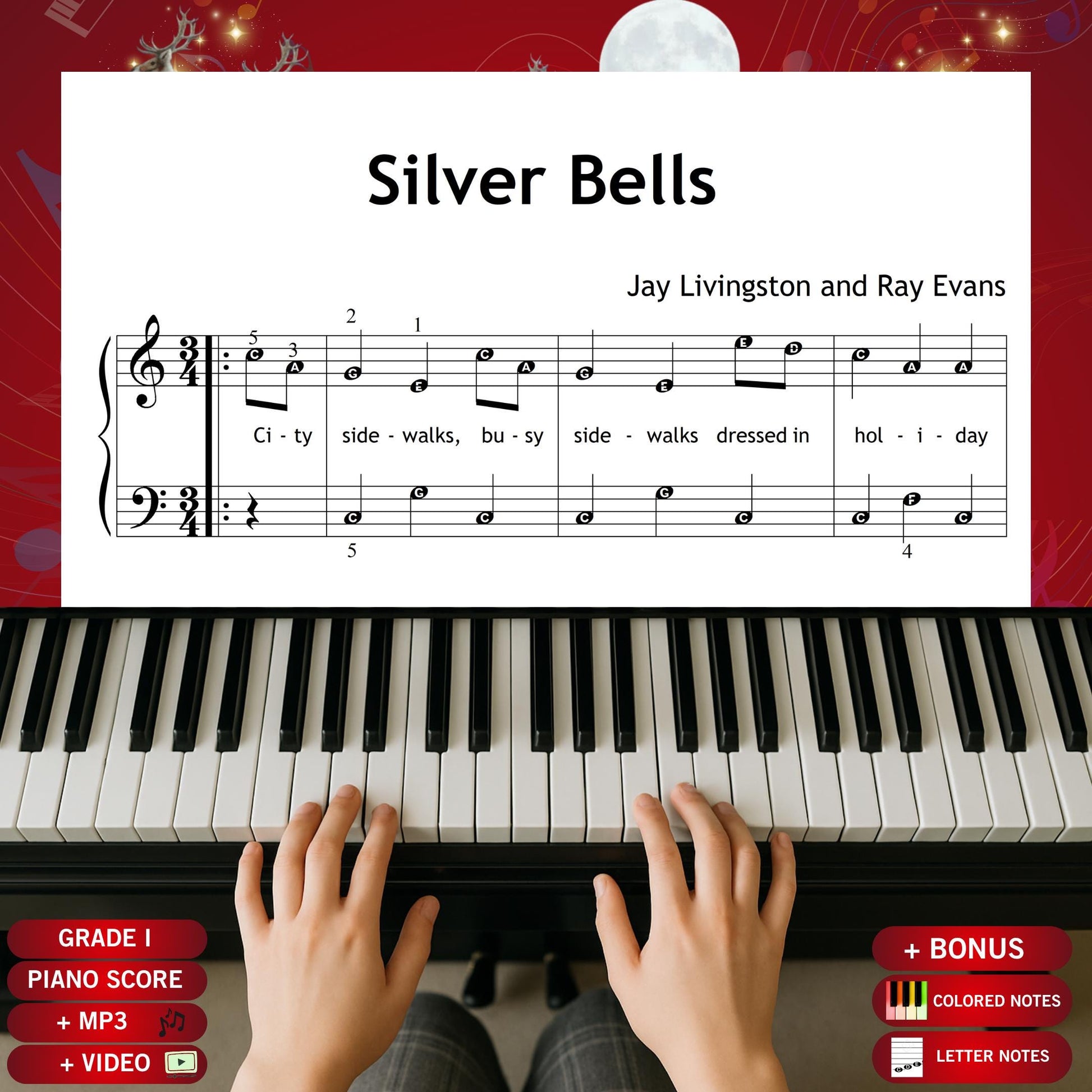 Silver Bells by Livingston & Evans downloadable and simplified piano sheet music PDF for Grade 1 beginners, featuring lyrics, color-coded notes, note names, finger numbers, and tablet-ready pages, ideal for Christmas lessons and festive home practice.