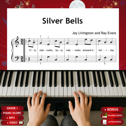 Silver Bells by Livingston & Evans downloadable and simplified piano sheet music PDF for Grade 1 beginners, featuring lyrics, color-coded notes, note names, finger numbers, and tablet-ready pages, ideal for Christmas lessons and festive home practice.