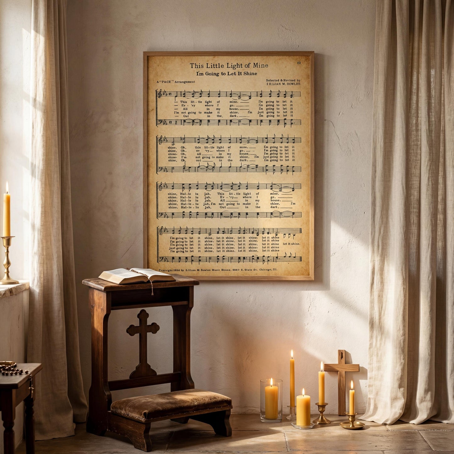 a serene and peaceful setting with a wooden pew, a cross, and a lit candle, all set against a white wall. Above the pew, there is a framed sheet of music with lyrics, suggesting a religious or spiritual atmosphere.
