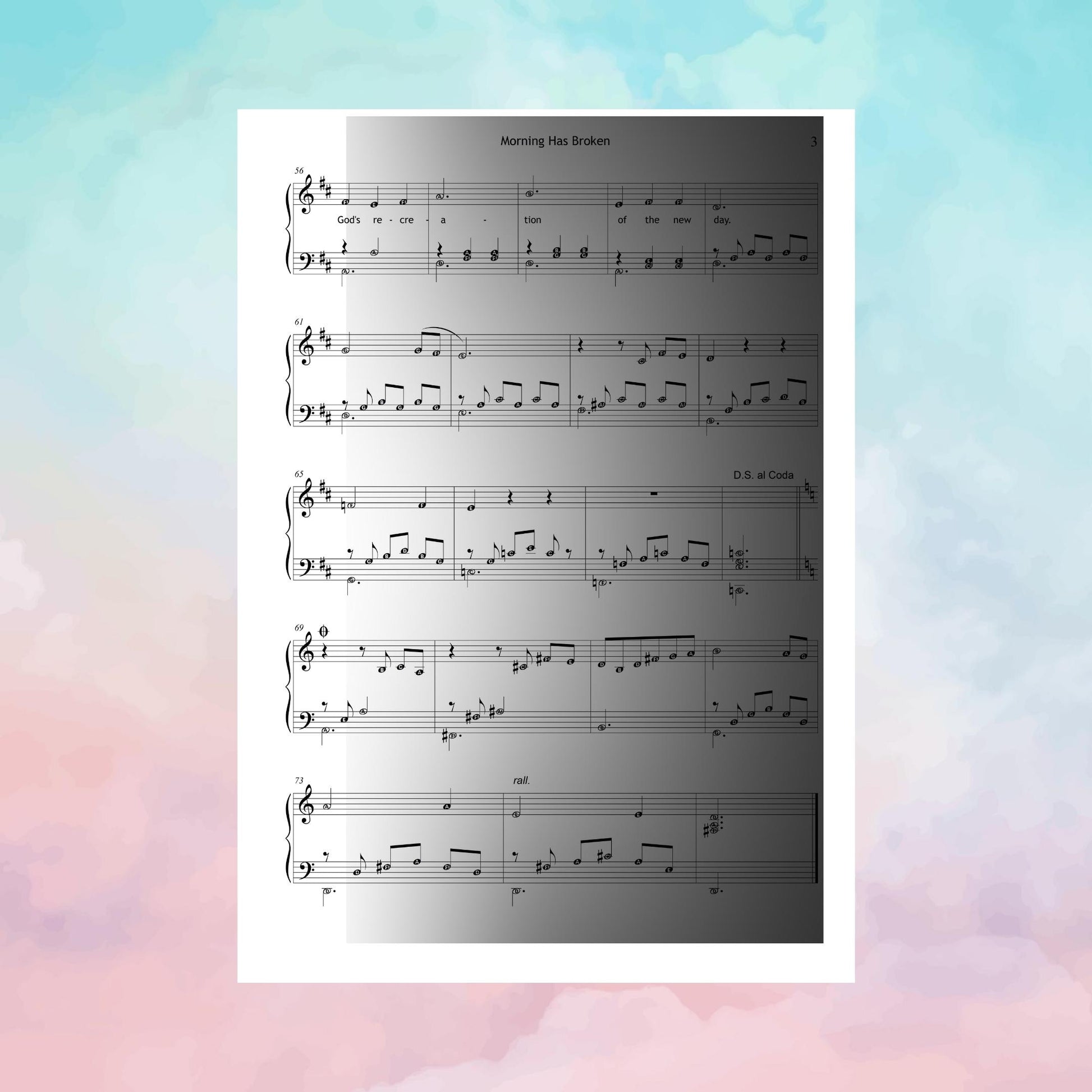 Morning Has Broken simplified piano score shown with sunlight and open Bible, printable PDF hymn edition for classroom, recital, and devotion.