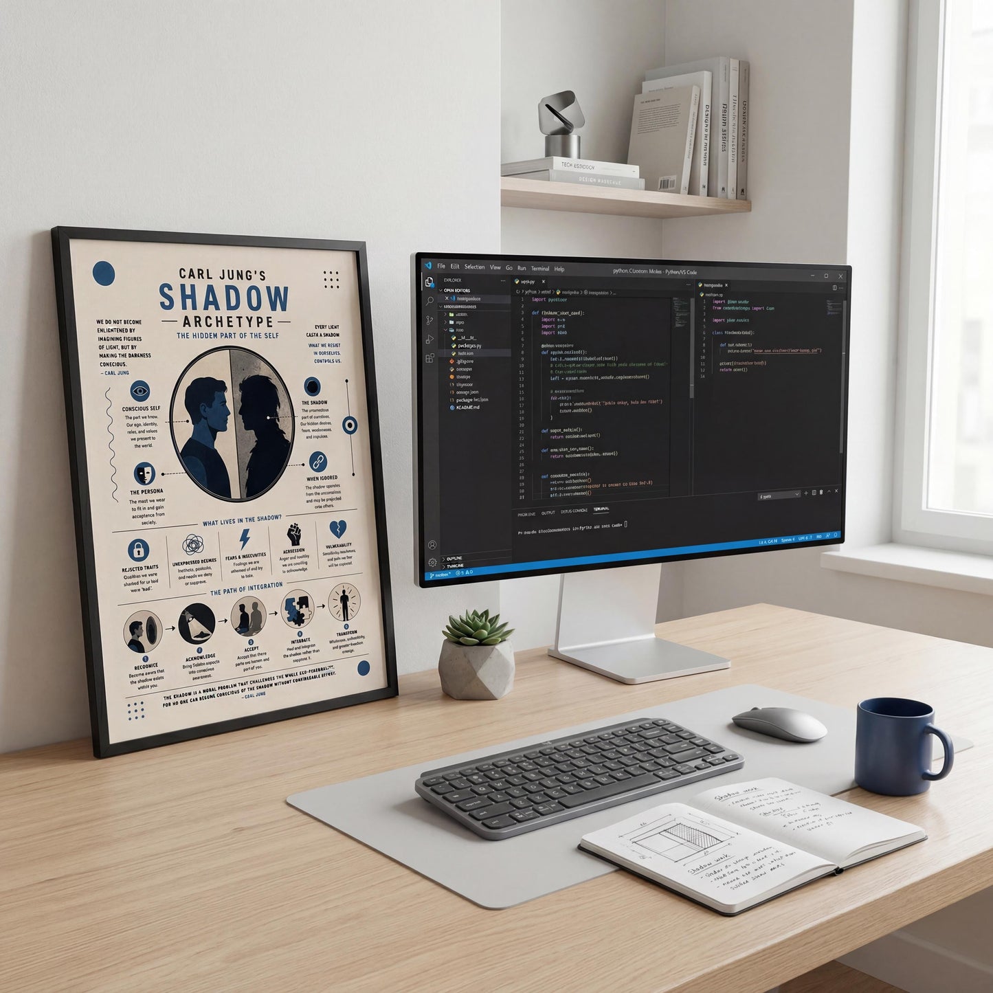 a workspace with a computer monitor displaying code, a keyboard, a mouse, and a coffee mug on a wooden desk. There is also a poster or infographic on the wall next to the desk.