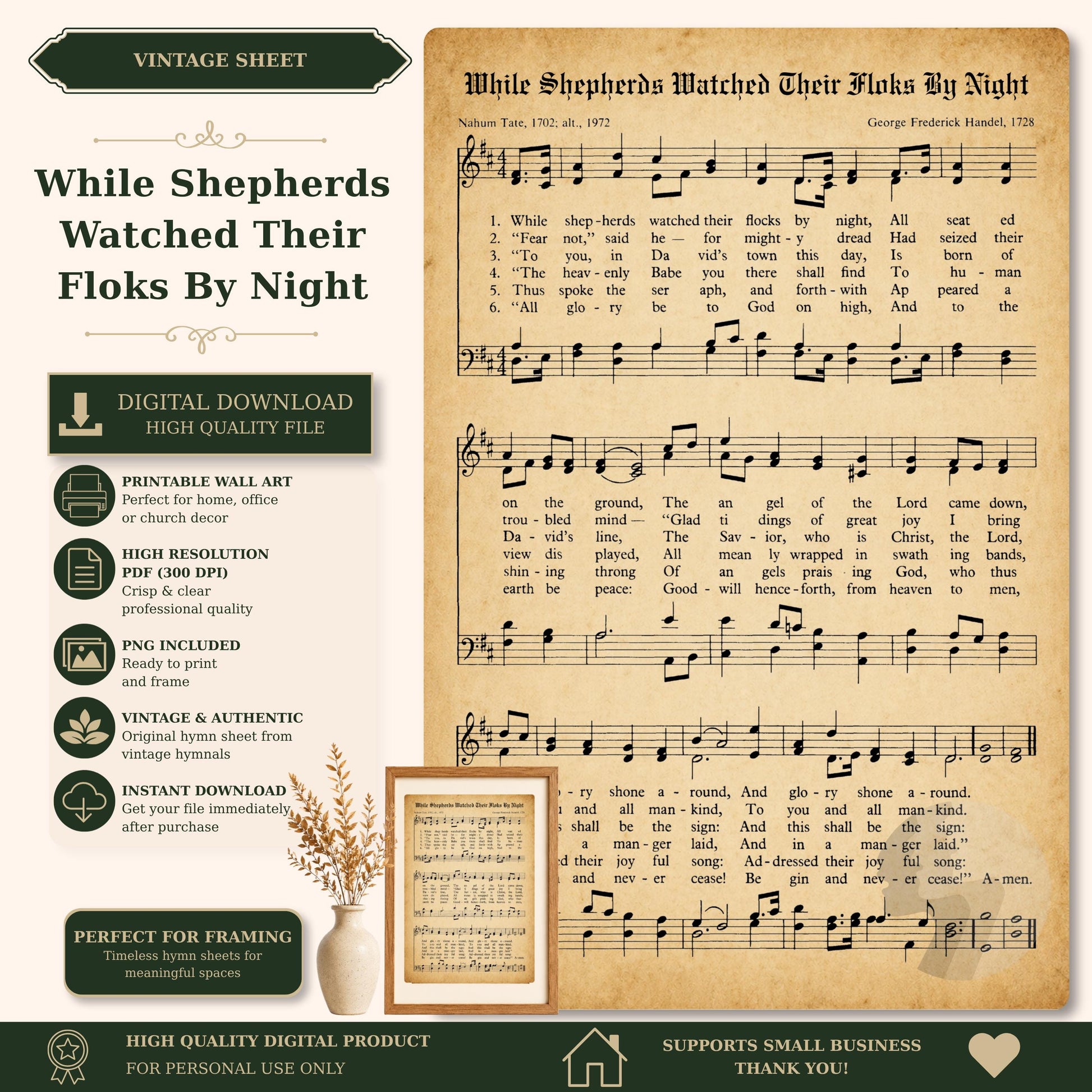 The image is a vintage sheet music and sheet print featuring a song titled "While Shepherds Watched Their Flocks By Night" from the year 1972. The sheet music is accompanied by sheet music and lyrics, and the sheet music is accompanied by a vintage-style photograph of a plant. The sheet music is accompanied by a digital download link, a printable wall art option, and a vintage and authentic feel. The sheet music is perfect for framing and is a high-quality digital product for personal use only.