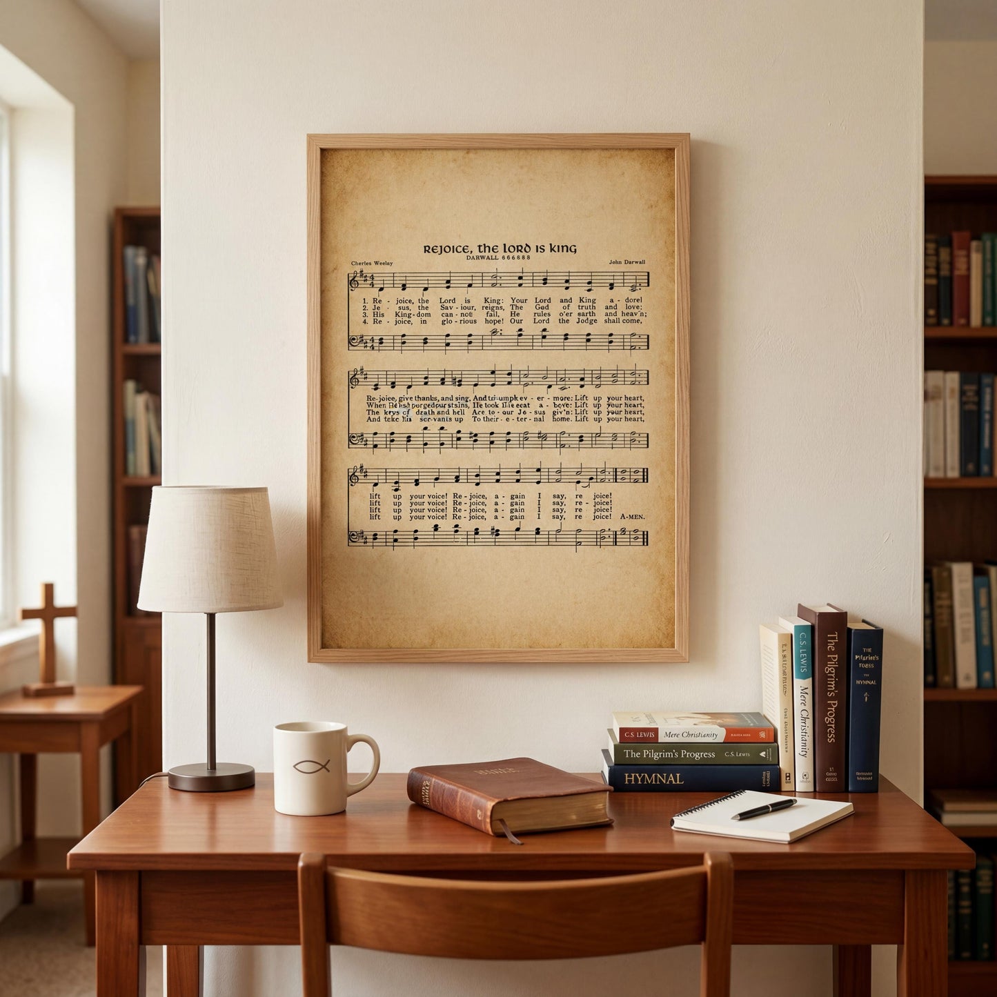 a wooden desk with a lamp, a coffee mug, a stack of books, and a framed sheet music poster on the wall above it.