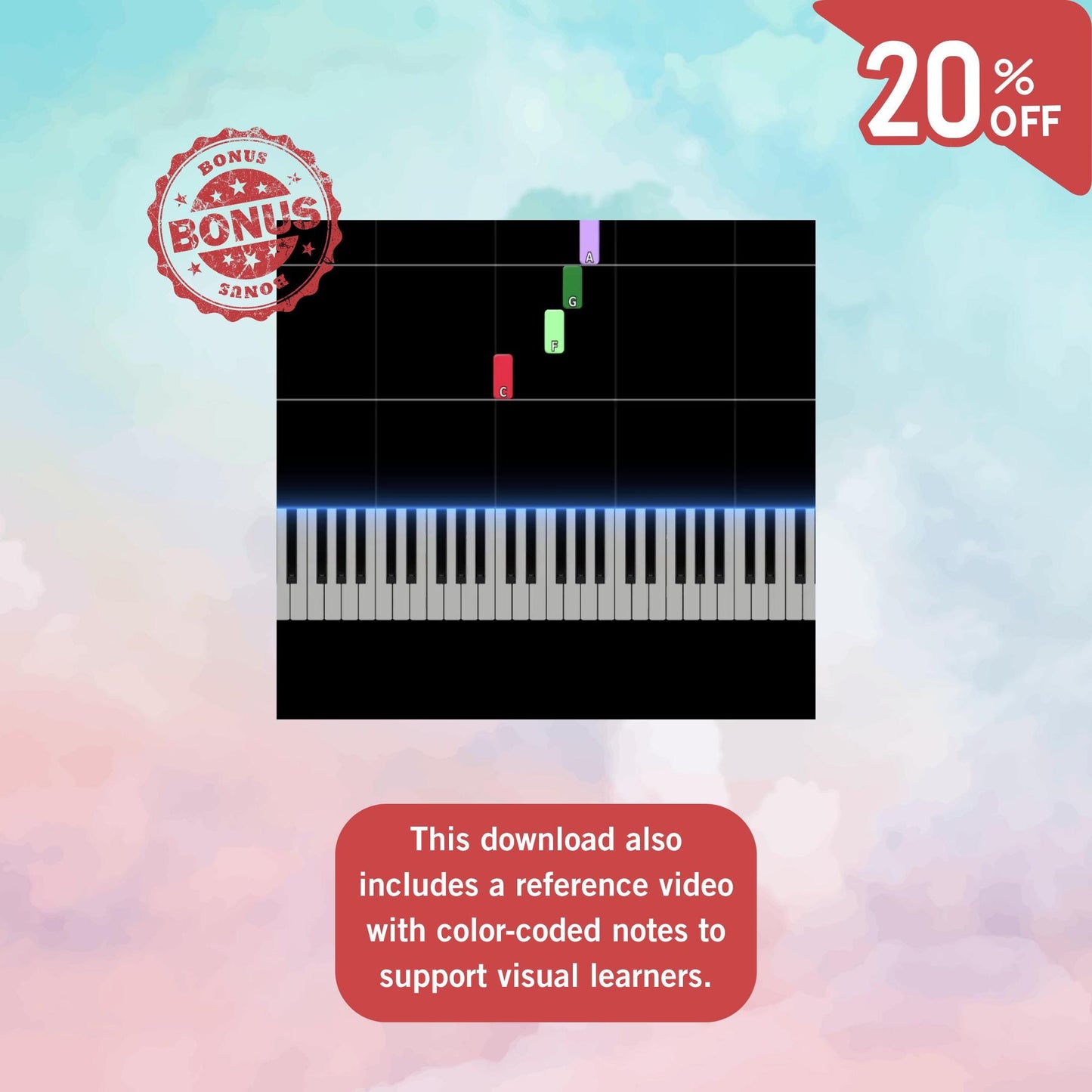Beginner piano sheet of You Are My Sunshine – one-hand layout, color-coded notes, and labeled letters for early learners. Printable PDF format perfect for at-home or classroom use.