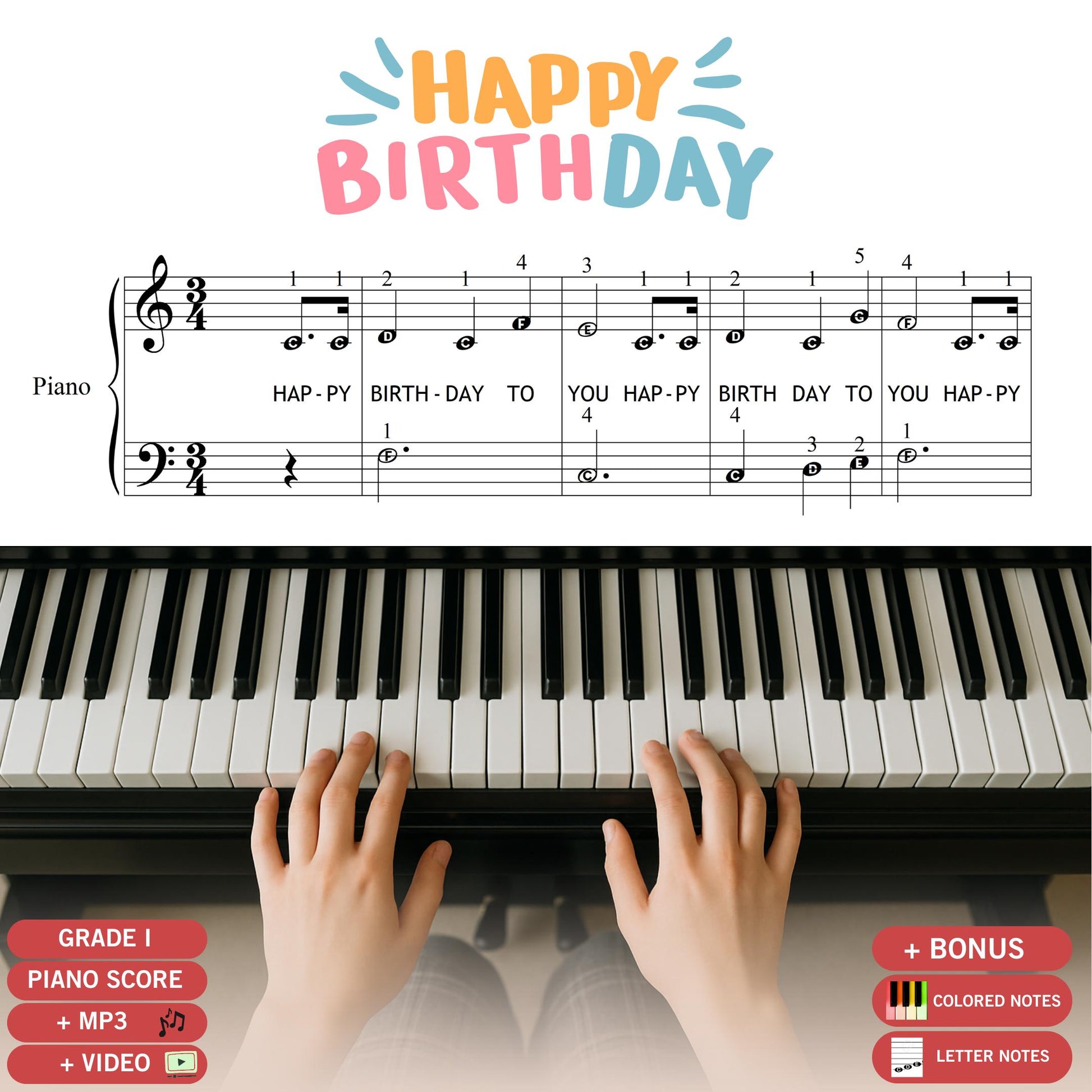 Happy Birthday Grade 1 beginner piano sheet music PDF with finger numbers, note names, and color-coded notes, digital download includes MP3 demo and MP4 video tutorial, printable and tablet-ready resource for students and teachers.
