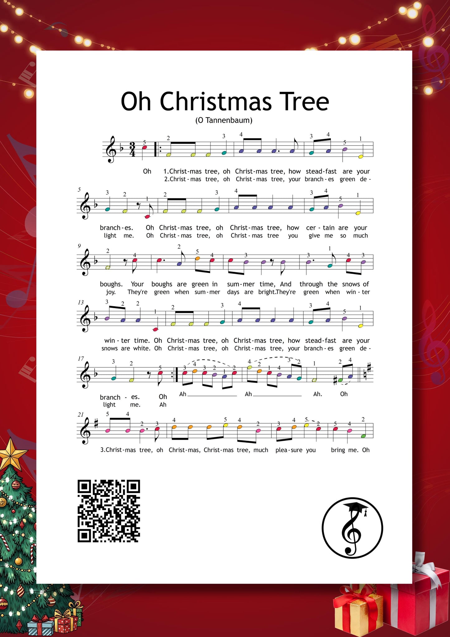 Advent Piano Calendar holiday piano PDF displaying simple right-hand carols, festive illustrations, lyric-free beginner notation, and QR code support for interactive Christmas learning.Angels We Have Heard on High, O Christmas Tree, Good King Wenceslas, Ding Dong Merrily on High, Deck the Halls, Jingle Bells, Joy to the World, Hark the Herald Angels Sing, Have Yourself a Merry Little Christmas, Santa Claus Is Coming to Town, Silver Bells, White Christmas,
