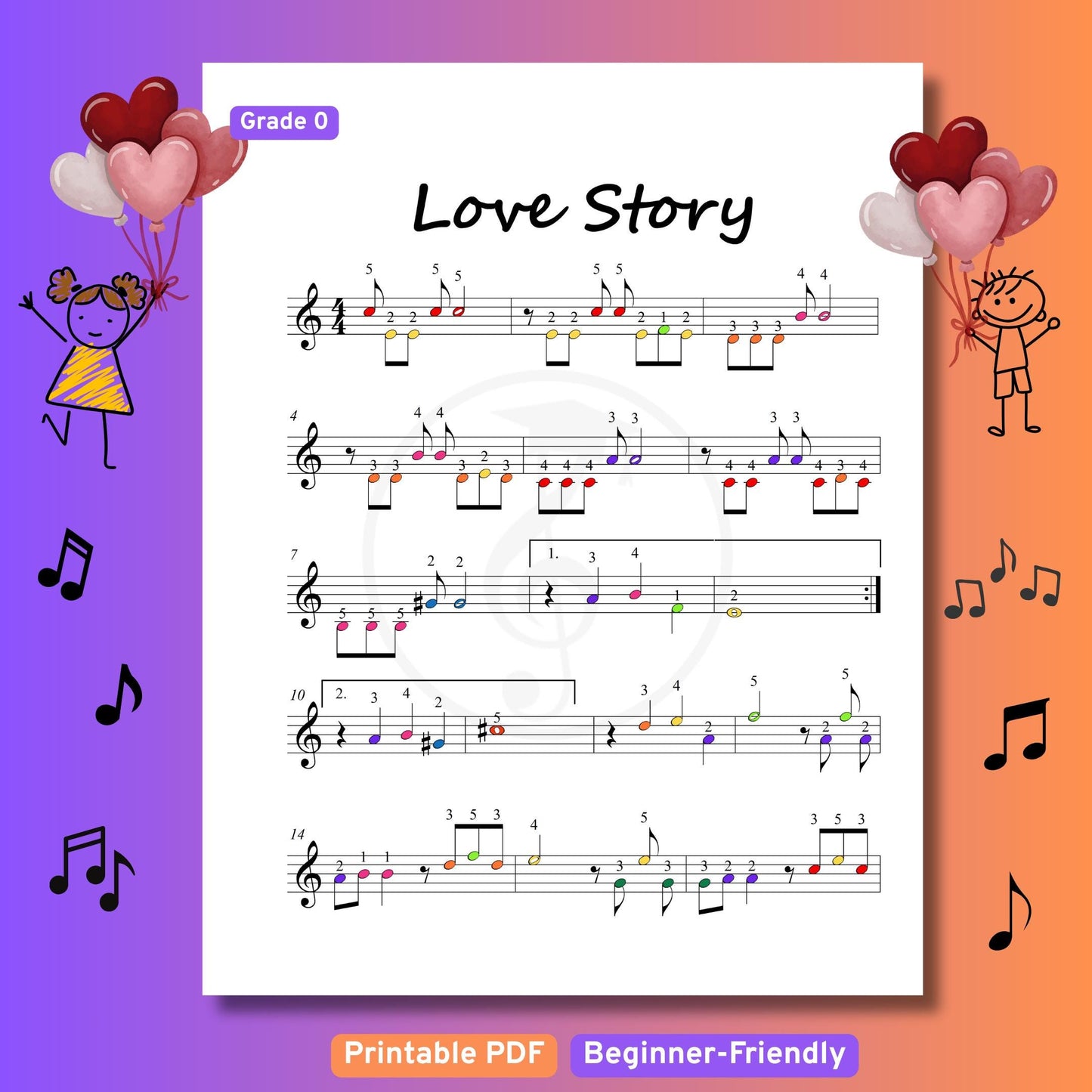 Love Story | Grade 0 Beginner Piano Sheet Music PDF Download with Color Coded Notes and Video Tutorial