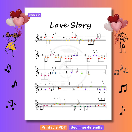 Love Story | Grade 0 Beginner Piano Sheet Music PDF Download with Color Coded Notes and Video Tutorial