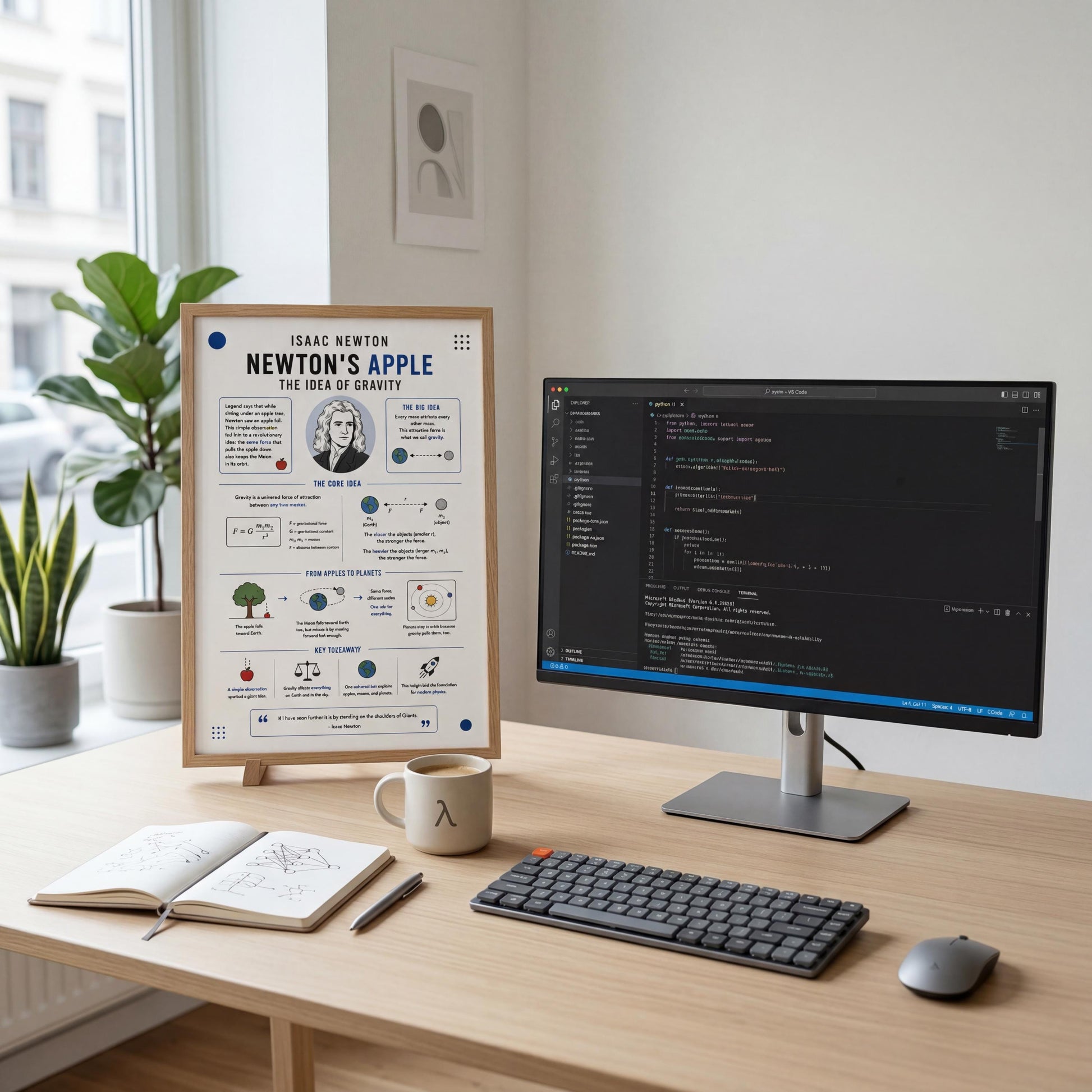 a desk with a computer monitor, keyboard, and mouse, along with a poster or infographic about Isaac Newton's apple and the concept of gravity. There is also a plant and a mug on the desk, adding a touch of nature and warmth to the workspace.