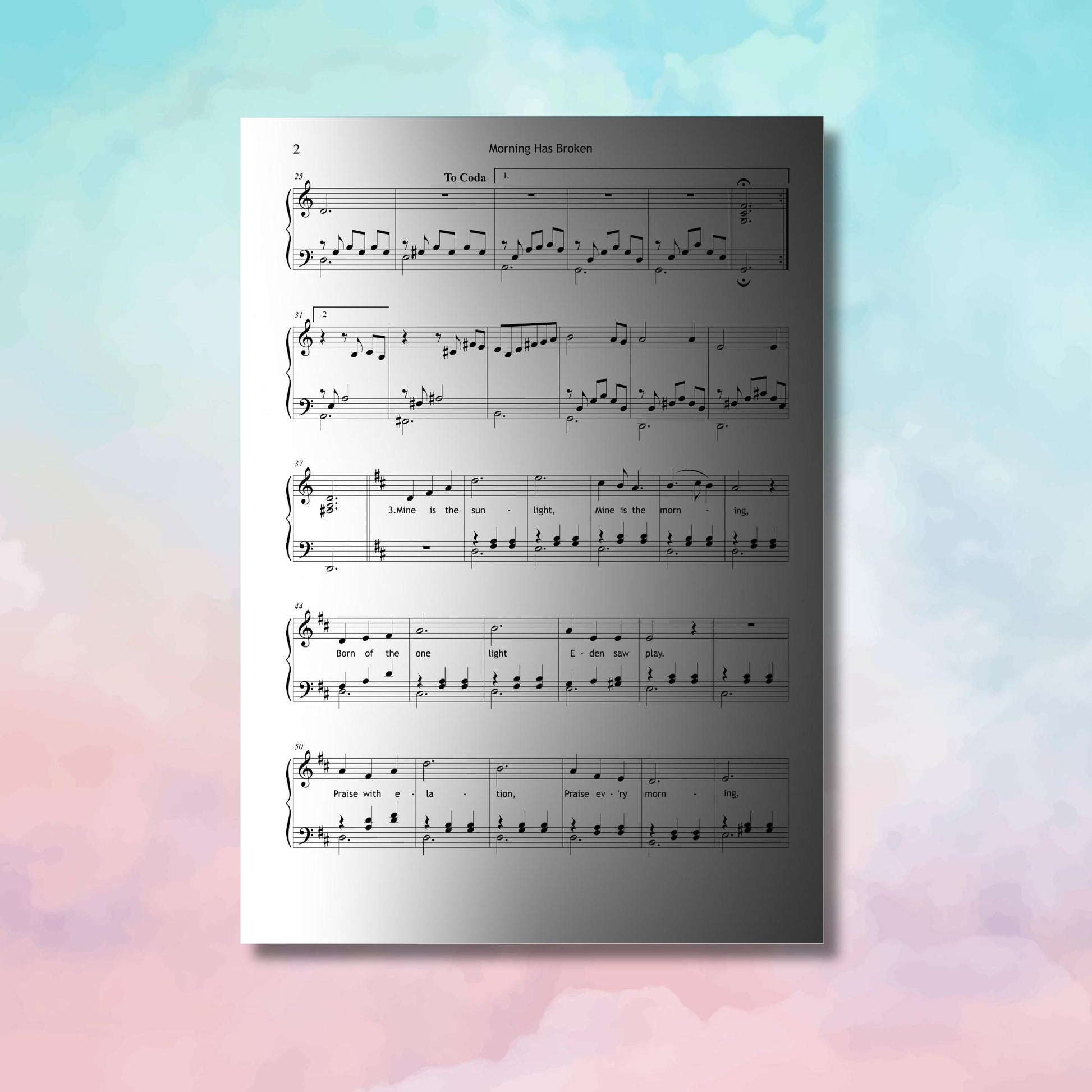 Morning Has Broken simplified piano arrangement by Eleanor Farjeon, Grade 2 sheet with lyrics, color and note-name support, printable digital PDF.