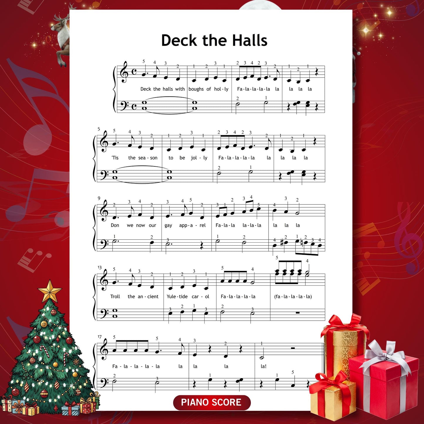 Deck the Halls by Traditional downloadable and simplified piano sheet music PDF crafted as a quick Christmas digital download blends Christmas gifts 2025 charm with ready-to-print worksheets, featuring lyrics, finger numbers, note names and color notes that help students play confidently during the holidays.