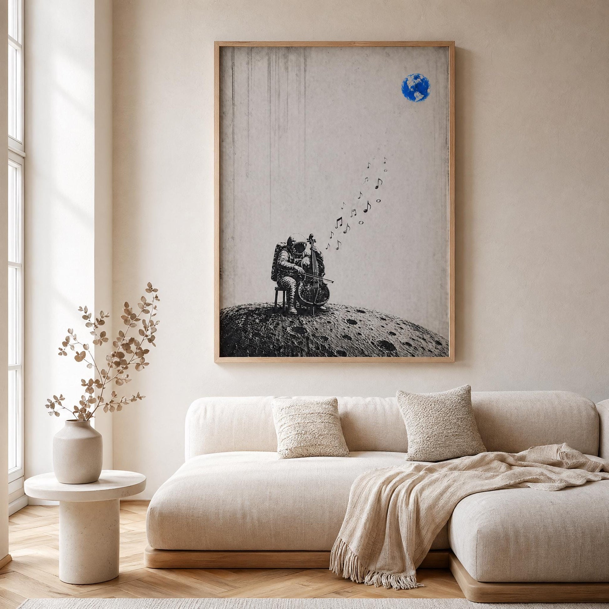 Space music art astronaut cello printable poster with surreal composition and fading sound symbolism, high-resolution PDF PNG for stylish and artistic decoration