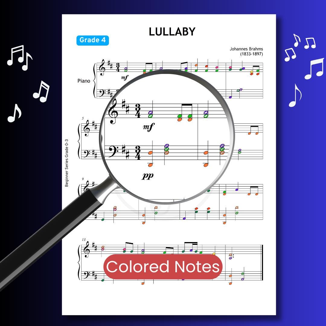 Brahms Lullaby Grade 4 Piano Sheet - Digital Download with Finger Numbers, Colored Notes, MP3, Tutorial Video