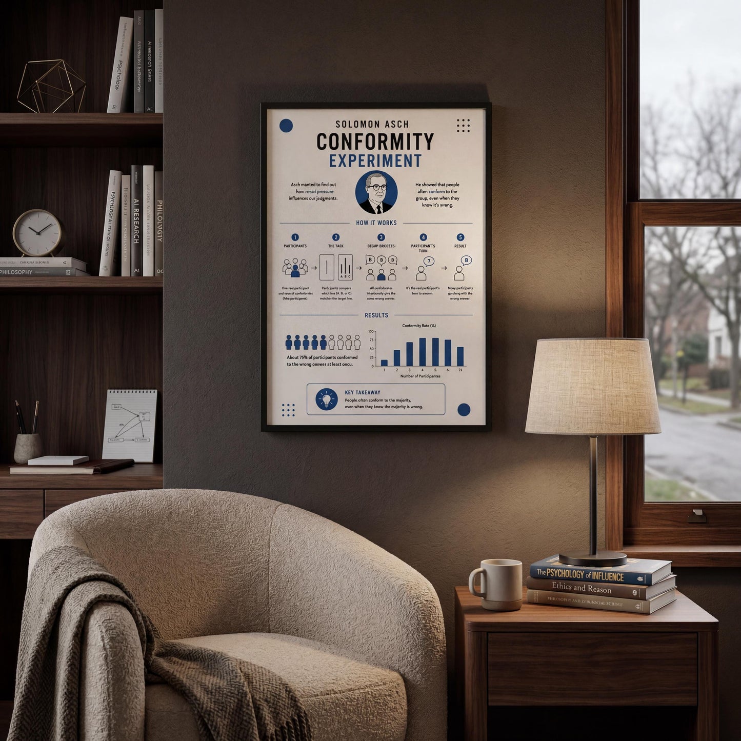 a poster of a man's face on a wall, with a title "SOLOMON ASCH CONFFORMITY EXPERIMENT" and a list of bullet points. The poster is surrounded by various objects, including books, a lamp, and a chair.