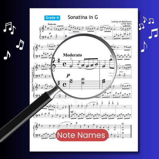 Beethoven Sonatina in G - Grade 4 Piano Sheet Music PDF with Finger Numbers, Note Names, Color Notes, MP3