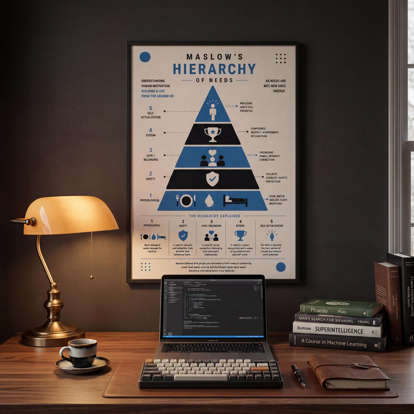 a poster of Maslow's Hierarchy of Needs displayed on a wall above a wooden desk with a laptop, keyboard, and other office supplies.