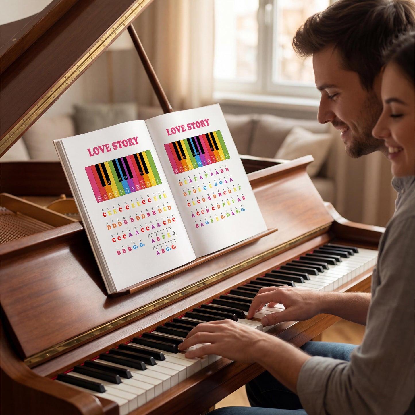 Love Story beginner keyboard sheet with letter notation only, created for children learning note names before staff reading, formatted as a crisp 2-page digital download.