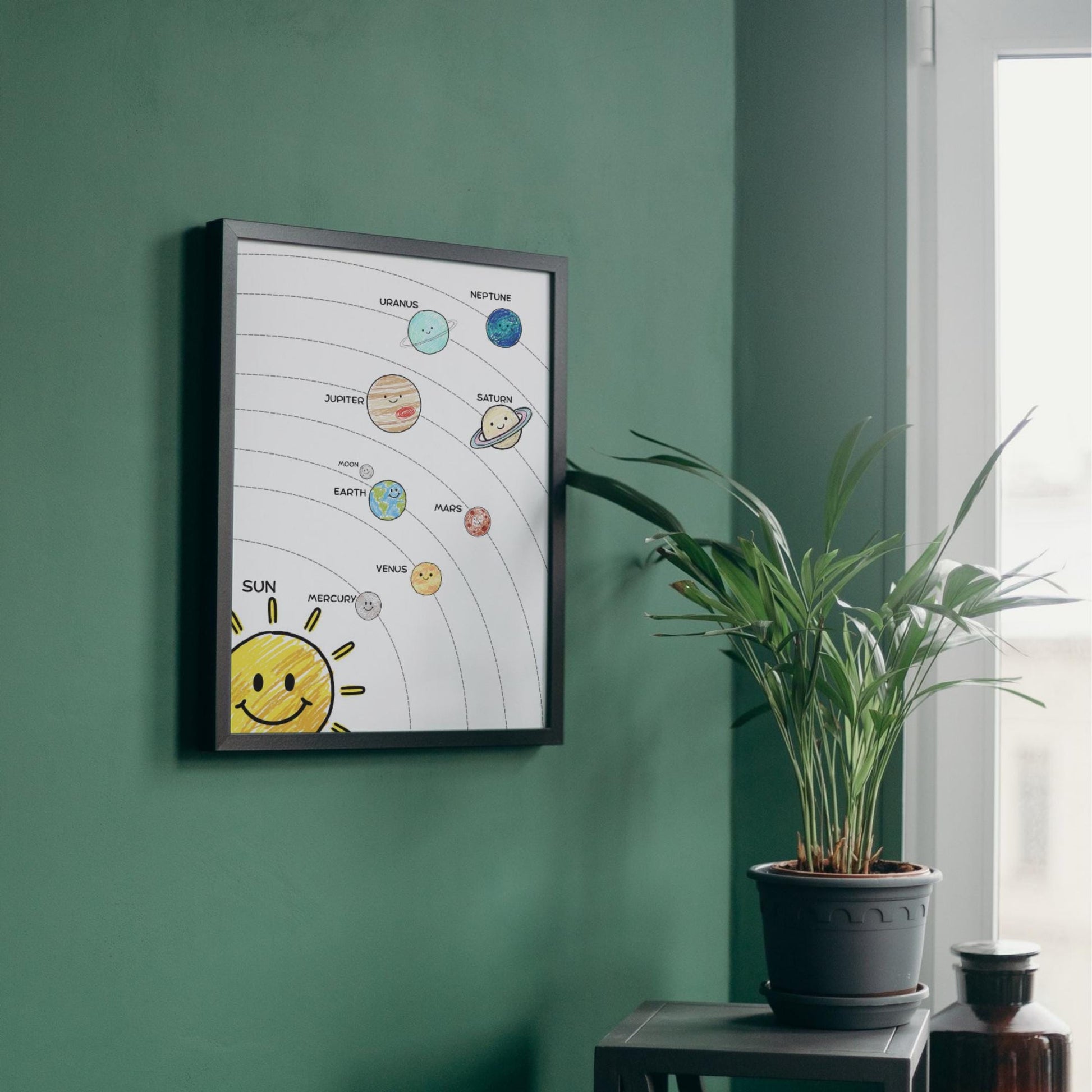Kids science Solar System poster printable showing accurate planet order with two different illustration styles for playful engagement and educational clarity.