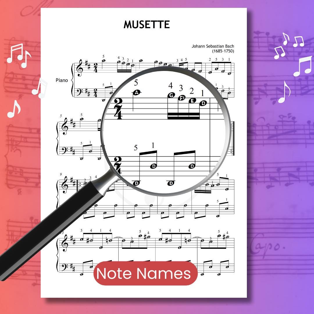 Bach’s Musette - Beginner Piano Sheet Music for Kids & Adults | Grade 2 PDF + Color Notes, Note Names, Tutorial Video, MP3, Manuscript