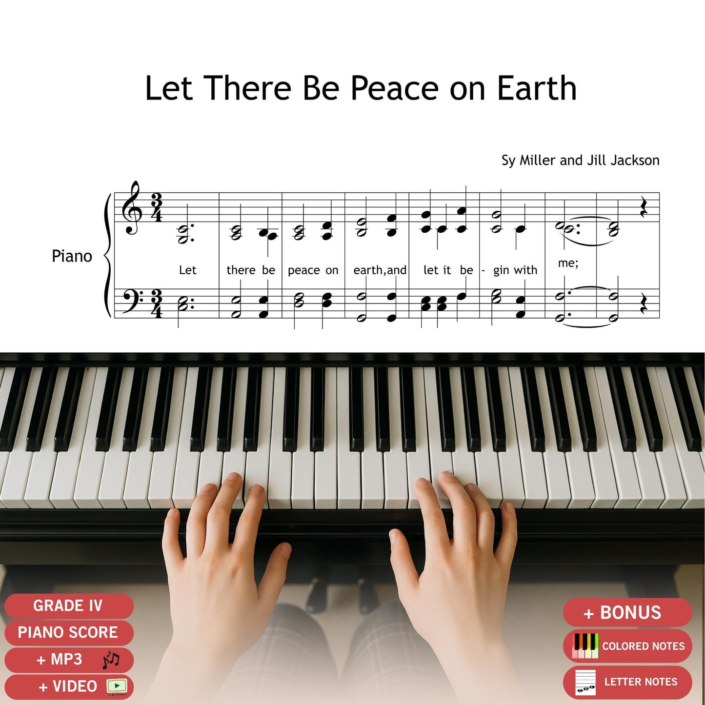 Let There Be Peace on Earth by Sy Miller & Jill Jackson, piano and choir sheet music PDF with video tutorial.
Perfect for school choirs, church services, and peace-themed concerts. Download includes clean SATB score and step-by-step rehearsal video.