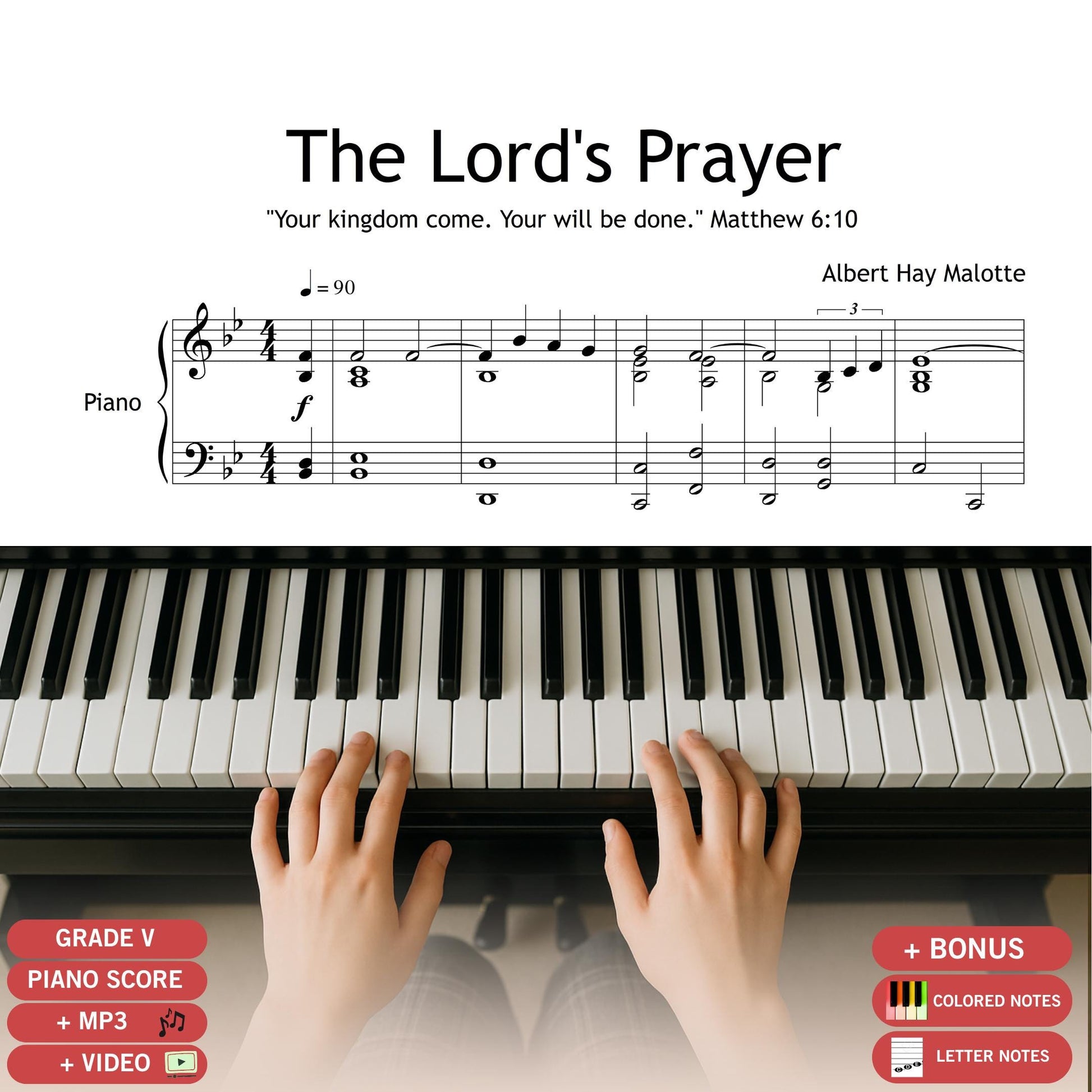 The Lord’s Prayer by Albert Hay Malotte, easy piano and vocal sheet music in B♭ major. Downloadable PDF with two-page clean layout, ideal for church services or spiritual solos.
Perfect for beginners, vocalists, and pianists seeking a sacred, worship-friendly arrangement.