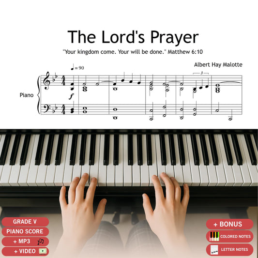The Lord’s Prayer by Albert Hay Malotte, easy piano and vocal sheet music in B♭ major. Downloadable PDF with two-page clean layout, ideal for church services or spiritual solos.
Perfect for beginners, vocalists, and pianists seeking a sacred, worship-friendly arrangement.