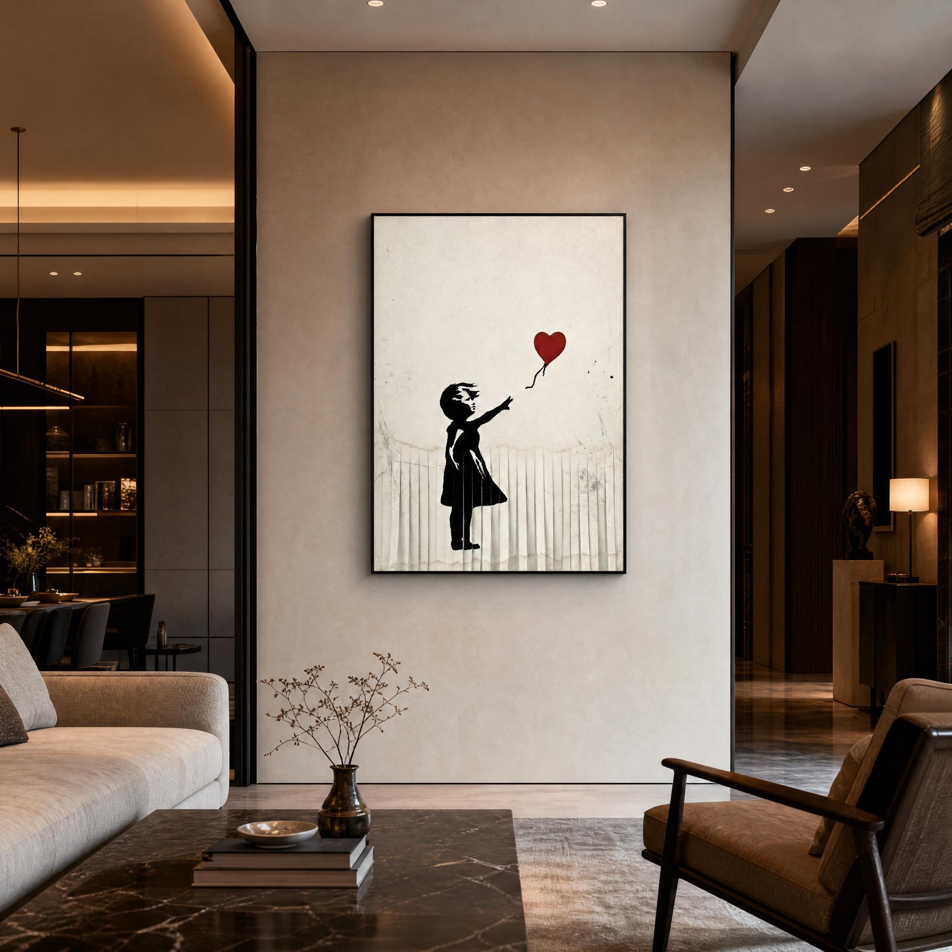 a modern living room with a large framed artwork of a person holding a heart-shaped balloon on the wall.