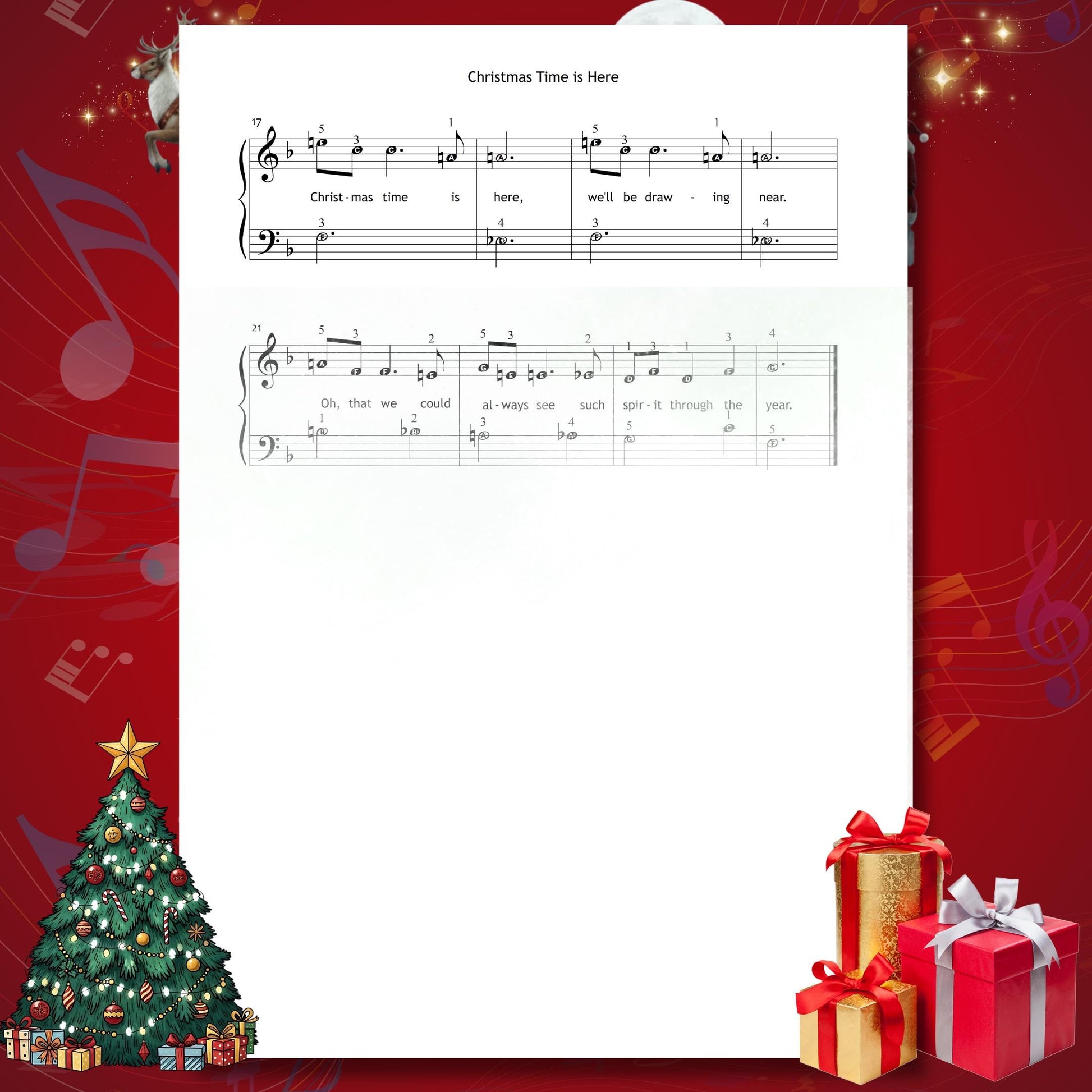 Christmas Time Is Here by Vince Guaraldi downloadable and simplified piano sheet music PDF offers joyful Christmas music sheet download convenience, matching Christmas gifts 2025 digital gift themes with lyrics, finger numbers, color notes and note names ready for tablets or printing.