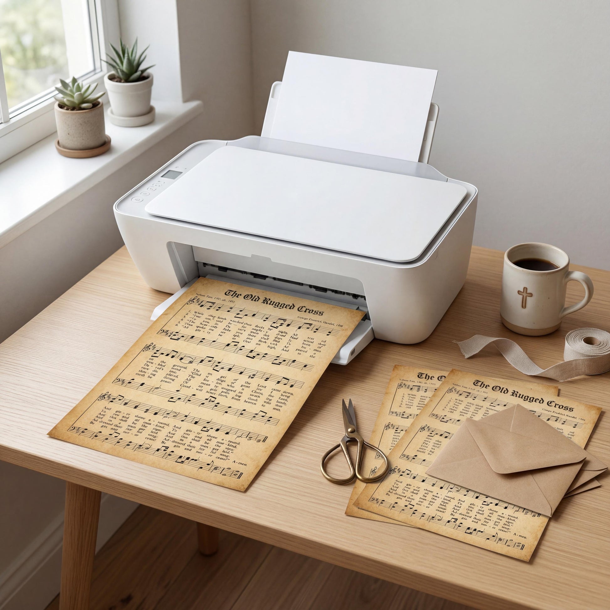 a printer, a coffee cup, and some sheet music on a wooden desk.