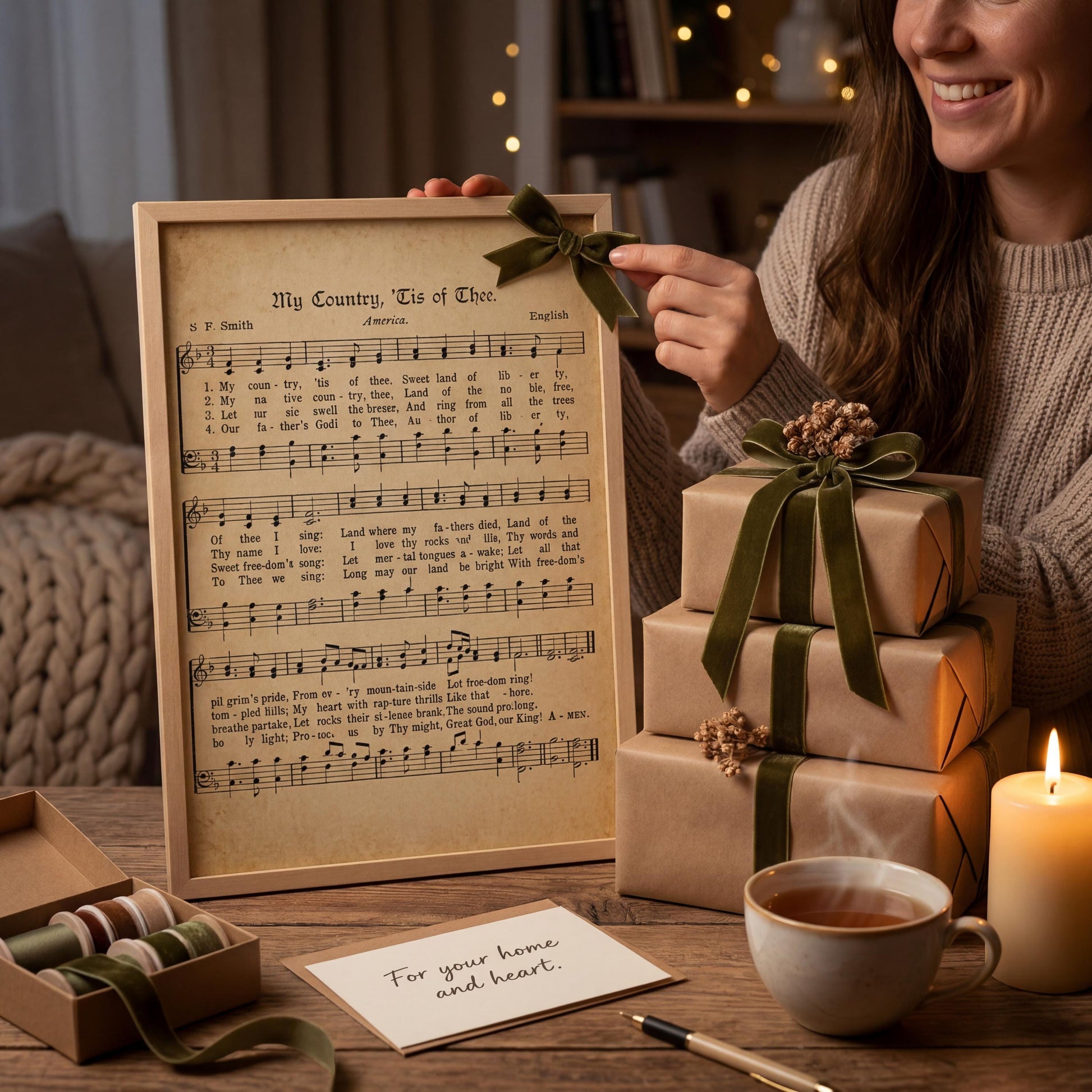 A woman is holding a framed sheet of music titled "My Country, Tis of Thee" with a green bow, surrounded by wrapped gifts, a cup of tea, and a candle on a wooden table.