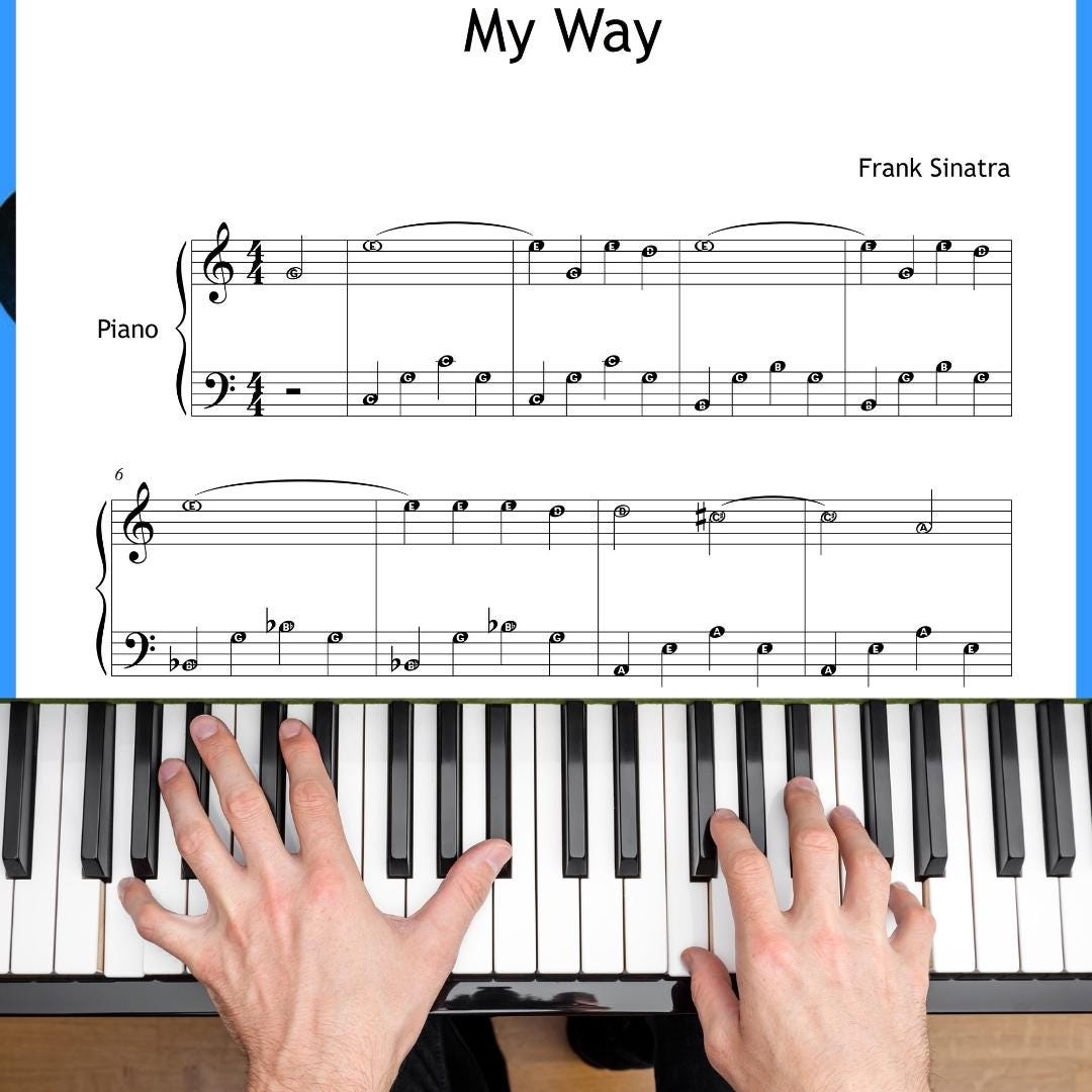 My Way by Frank Sinatra downloadable and simplified piano sheet music PDF shown in a Grade 3 layout with finger numbers, color-coded notes, note-name versions, and manuscript-based engraving, designed for expressive early-intermediate pop performance with MP3 and video support.