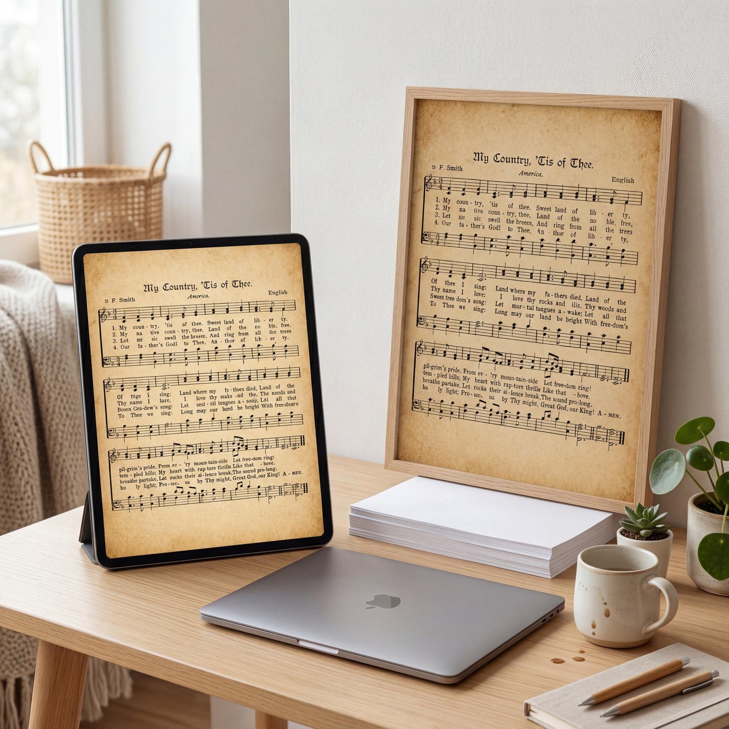 a wooden desk with various items on it, including a framed sheet of music, a laptop, a coffee cup, and some plants.