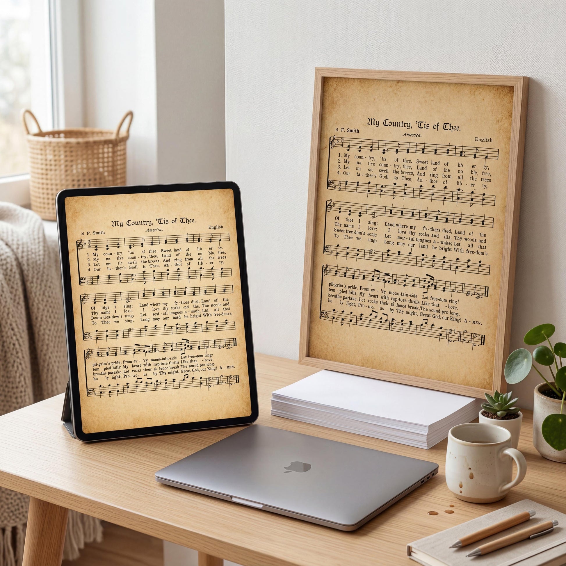 a wooden desk with various items on it, including a framed sheet of music, a laptop, a coffee cup, and some plants.