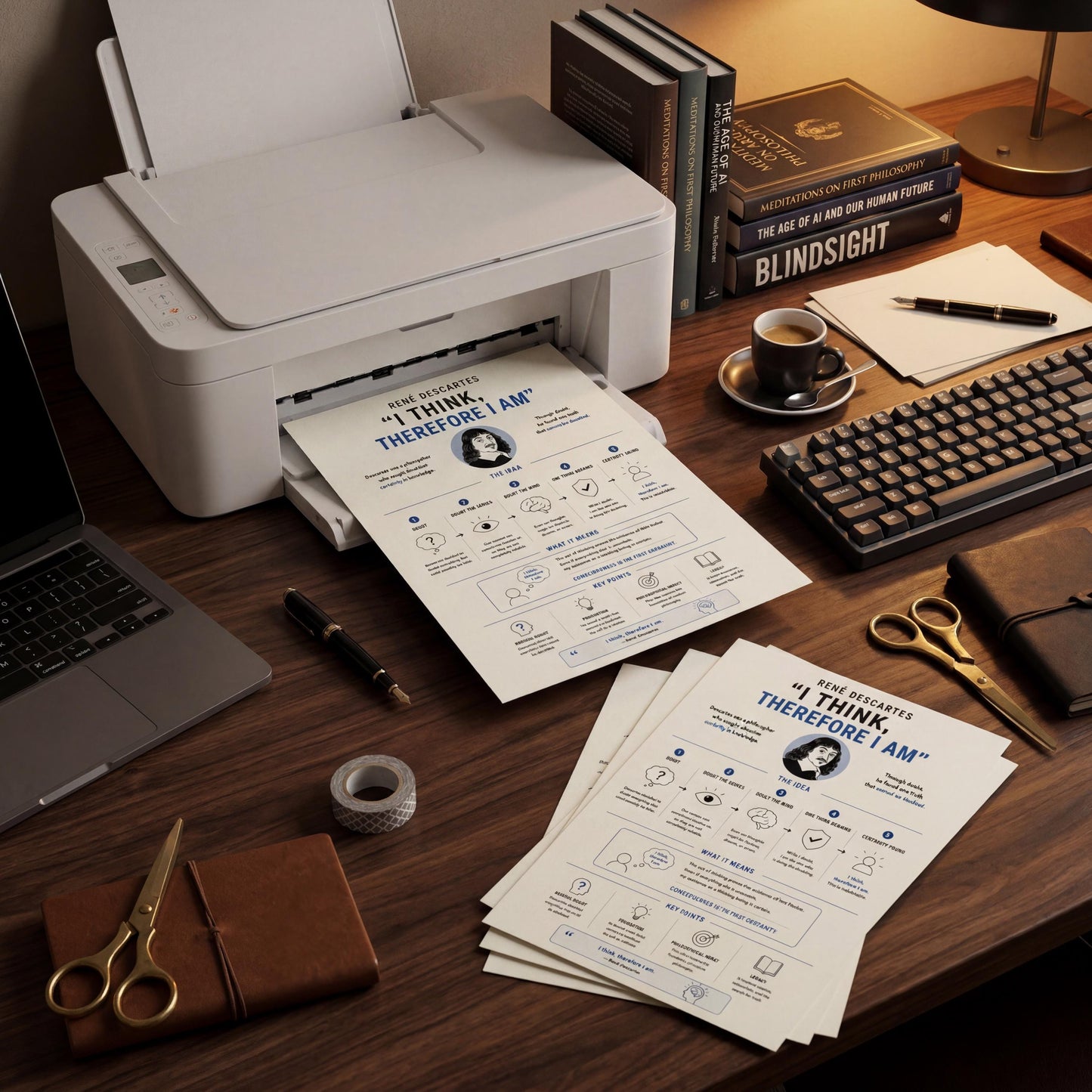 a desk with various office supplies and equipment, including a printer, books, a laptop, a keyboard, a cup, and a pair of scissors. There are also several printed documents and a notebook on the desk.