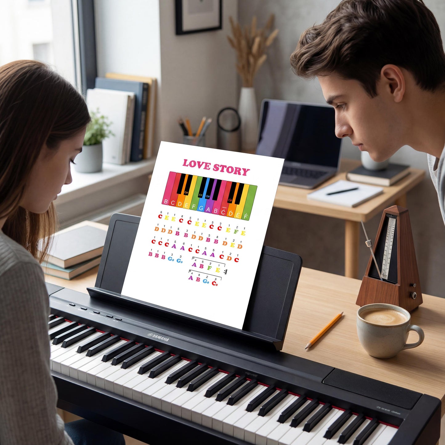 Love Story early learner piano sheet music designed for hand coordination practice, using clear keyboard diagrams and bold note letters in a clean educational layout.