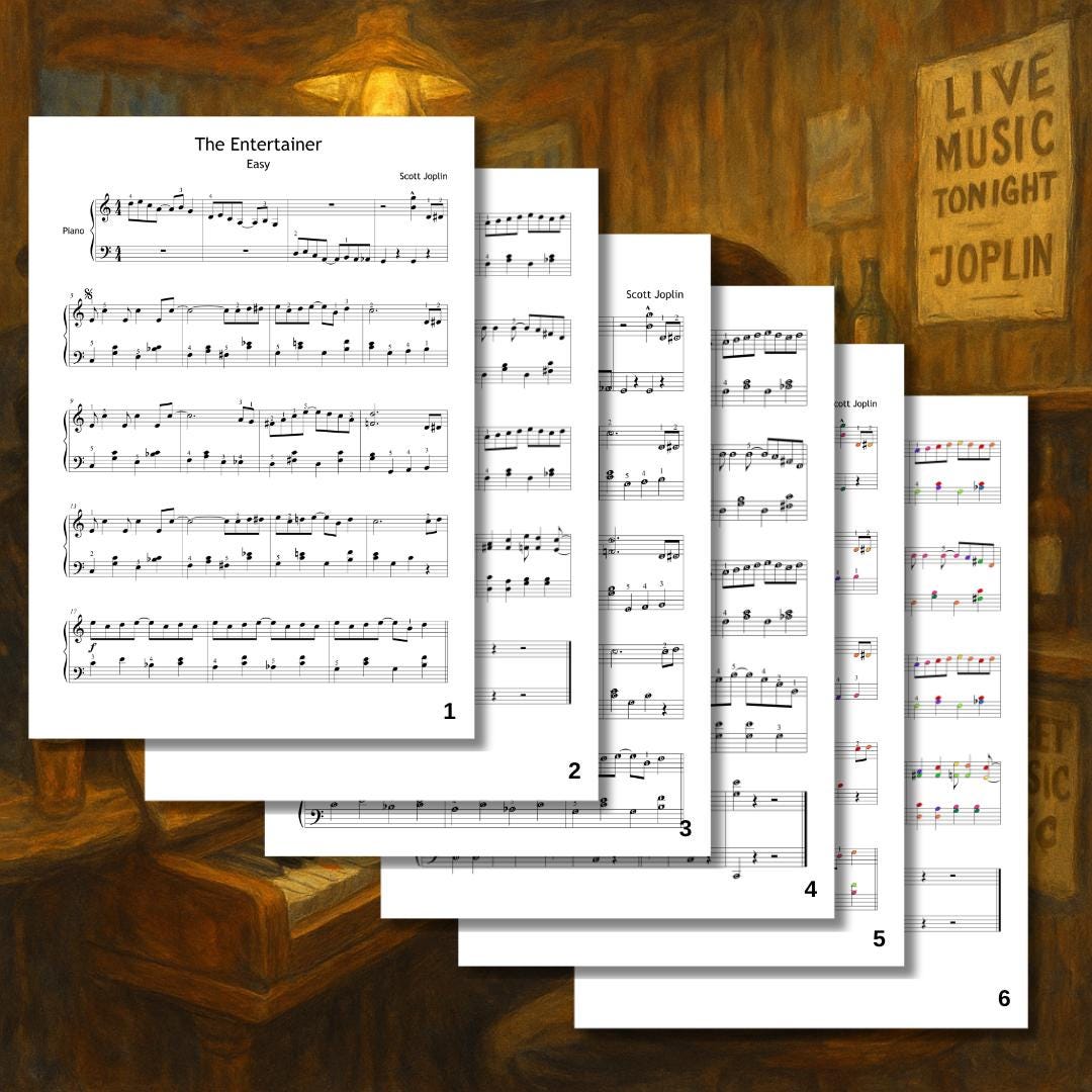 Entertainer - Simplified Version Easy Piano Sheet Music for Beginners (Grade 3) Scott Joplin's Ragtime, Colored Notes, Finger Numbers