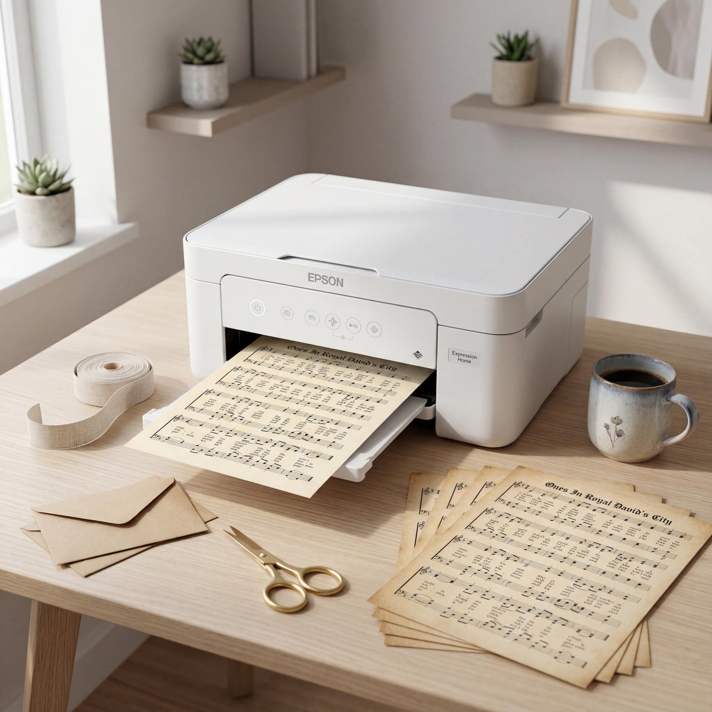 a printer on a wooden desk, with sheet music and envelopes nearby.