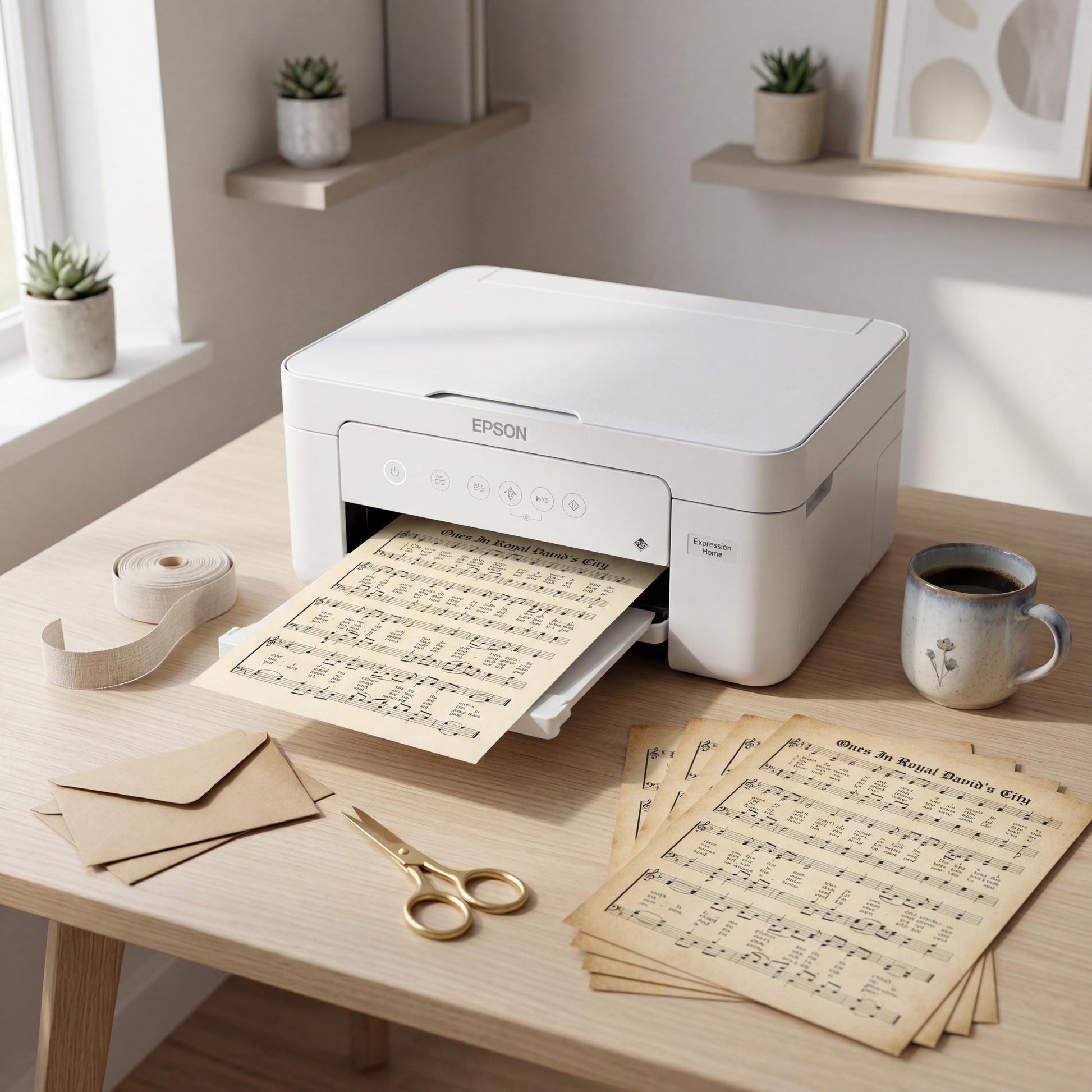 a printer on a wooden desk, with sheet music and envelopes nearby.