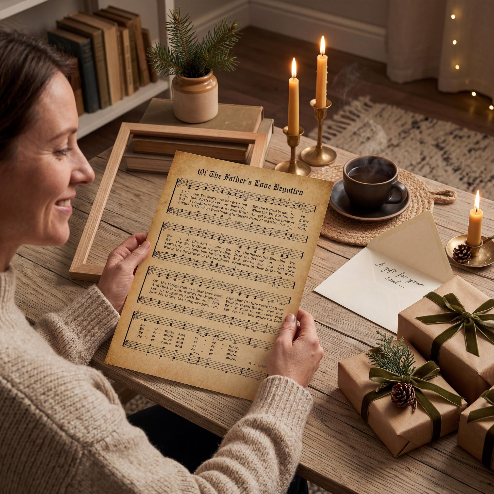 A woman is sitting at a table, holding a sheet of music, surrounded by books, candles, and wrapped gifts.